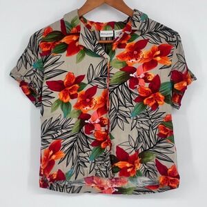 White Stag Womens Button Up Shirt Top Medium Floral‎ Rayon Tropical Vacation